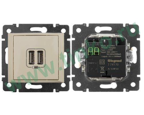 Valena розетка зарядная на 2 USB-разъема, скрытой установки, слоновая кость (774170)
