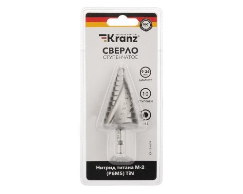 Сверло по металлу ступенчатое ТИТАН 9,0-36,0 мм 110 mm 65 HRC Р6М5 TiN Kranz (KR-12-6614)