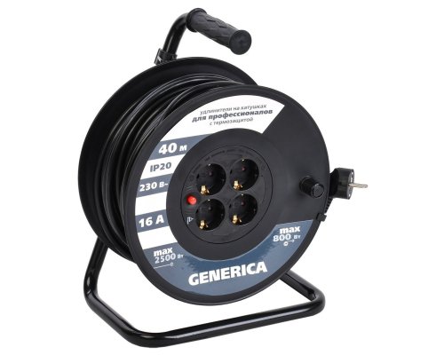Удлинитель на катушке УК40 с термозащитой 4 места 2P+PE 40м 3х1,5мм2 GENERICA (WKP20-16-04-40-G)