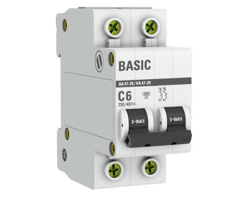 Автоматический выключатель 2P 6А (C) 4,5кА ВА 47-29 Basic (mcb4729-2-06C)