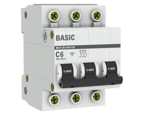Автоматический выключатель 3P 6А (C) 4,5кА ВА 47-29 Basic (mcb4729-3-06C)