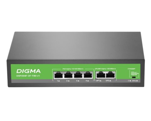 DSP204F-2F-T80 DSP204F-2F-T80 V1 (L2) 6х100Мбит/с 4PoE 4PoE+ 80W