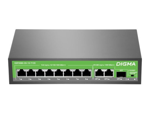 DSP208G-2G-1S-T120 (L2) 10х1Гбит/с 1SFP 8PoE 8PoE+ 120W