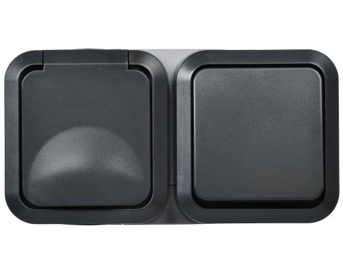TORS Блок TS142 (розетка 1-местная с заземлением + выключатель 1-клавишный и крышкой) горизонтальный открытой установки 16А IP55 графит (TS-G10-6-55-V-K53)