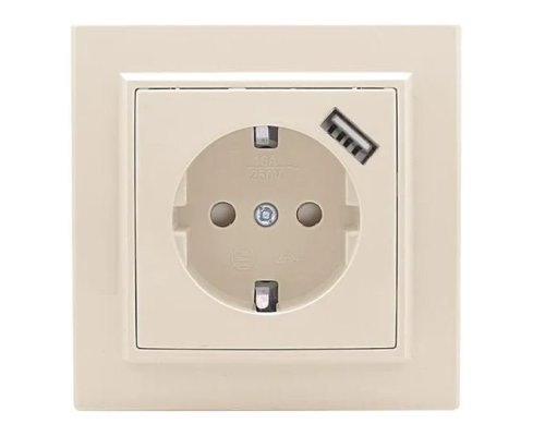 Минск Розетка 1-местная СП с/з 16А бежевая с защ. штор. с USB (ERR16-028-200-USB)