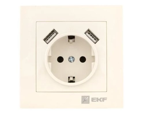 Валенсия Розетка 1-местная с/з 16А кремовая с защ. штор. с 2 USB 2,1А (EWR16-028-20-2USB)