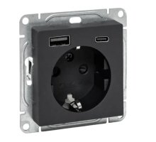 Механизм розетки с USB-A+С-2 шт, 16А, с заземлением, со штор., чёрный Эпика (UP1-SOB-111-USBA+USBC)
