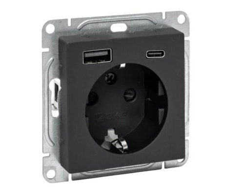 Механизм розетки с USB-A+С-2 шт, 16А, с заземлением, со штор., чёрный Эпика (UP1-SOB-111-USBA+USBC)