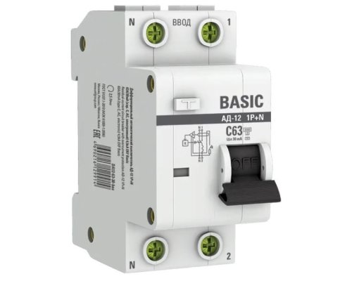 АД-12 1P+N 63А C 30мА АС 4,5кА BASIC (DA12-63-30-bas)