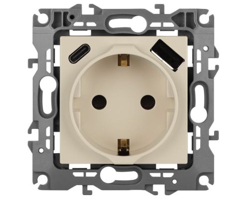 Розетка с USB type-A+C 12-4108-02 16А 250В 5В-3А 2P+E серия 12 слоновая кость ЭРА (Б0067731)