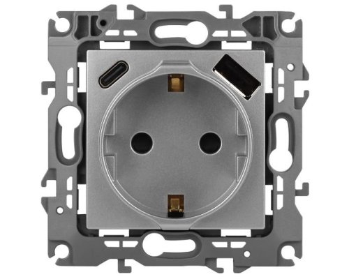 Розетка с USB type-A+C 12-4108-03 16А 250В 5В-3А 2P+E серия 12 алюминий ЭРА (Б0067716)