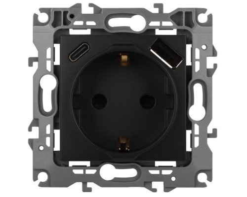 Розетка с USB type-A+C 12-4108-05 16А 250В 5В-3А 2P+E серия 12 антрацит ЭРА (Б0067707)
