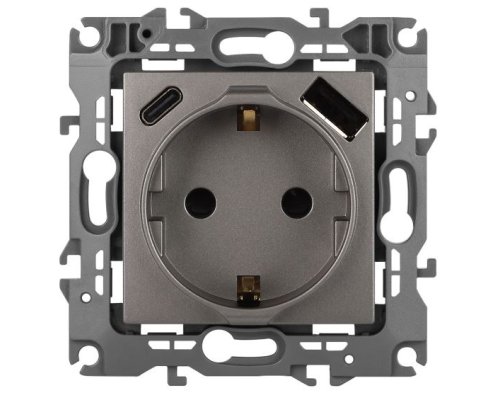 Розетка с USB type-A+C 12-4108-16 16А 250В 5В-3А 2P+E серия 12 титан ЭРА (Б0067762)