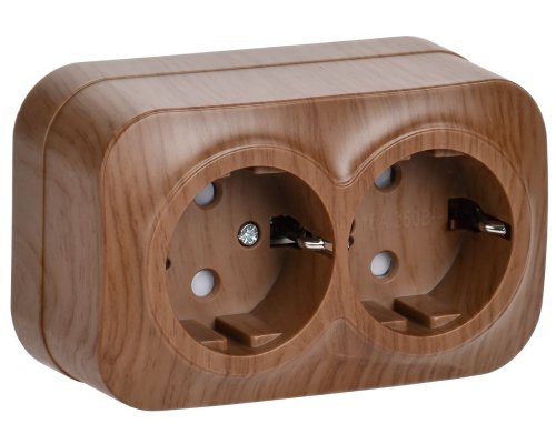 Розетка 2-местная GLORY РСш22-3-ХД с заземлением с защитными шторками открытой установки 16А дуб (ERH24-K24-16)