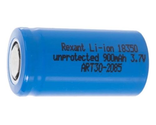 Аккумулятор Li-ion 18350, 3,7В, 900мАч, без платы защиты, плоский контакт, REXANT (30-2085)