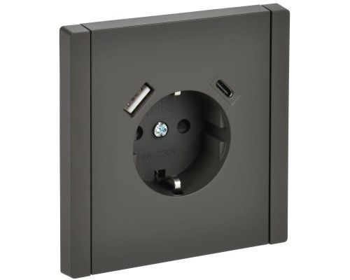 FORTE&PIANO Розетка USB A+C 18Вт FP347 с заземлением с защитными шторками винтовое крепление скрытой установки 16А серый (FP-R14-16-U22-018-K03)