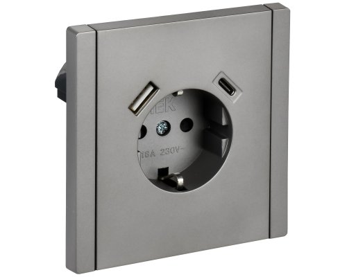 FORTE&PIANO Розетка USB A+C 18Вт FP547 с заземлением с защитными шторками винтовое крепление скрытой установки 16А сталь (FP-R14-16-U22-018-K46)